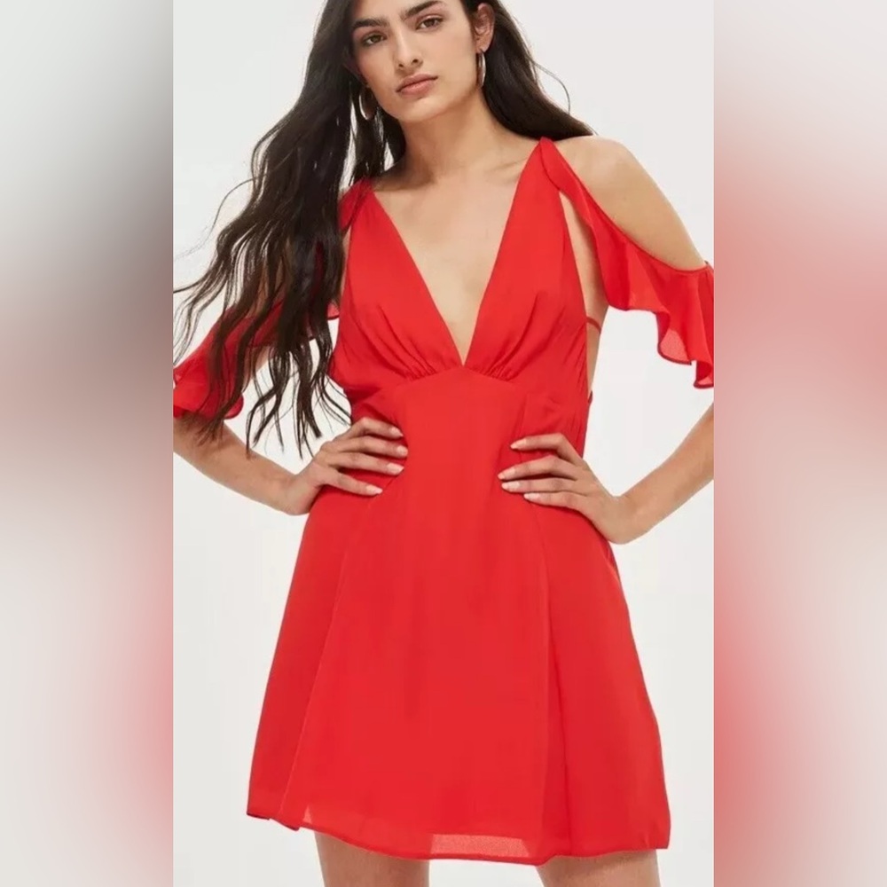 Top shop red mini dress with ruffle cold shoulders. Party cocktail Christmas